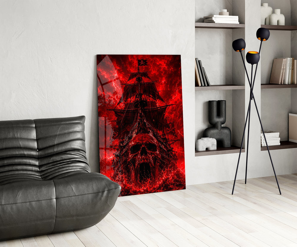 a skull-prowed pirate ship in a crimson storm glass wall art leaning beside a dark leather sofa