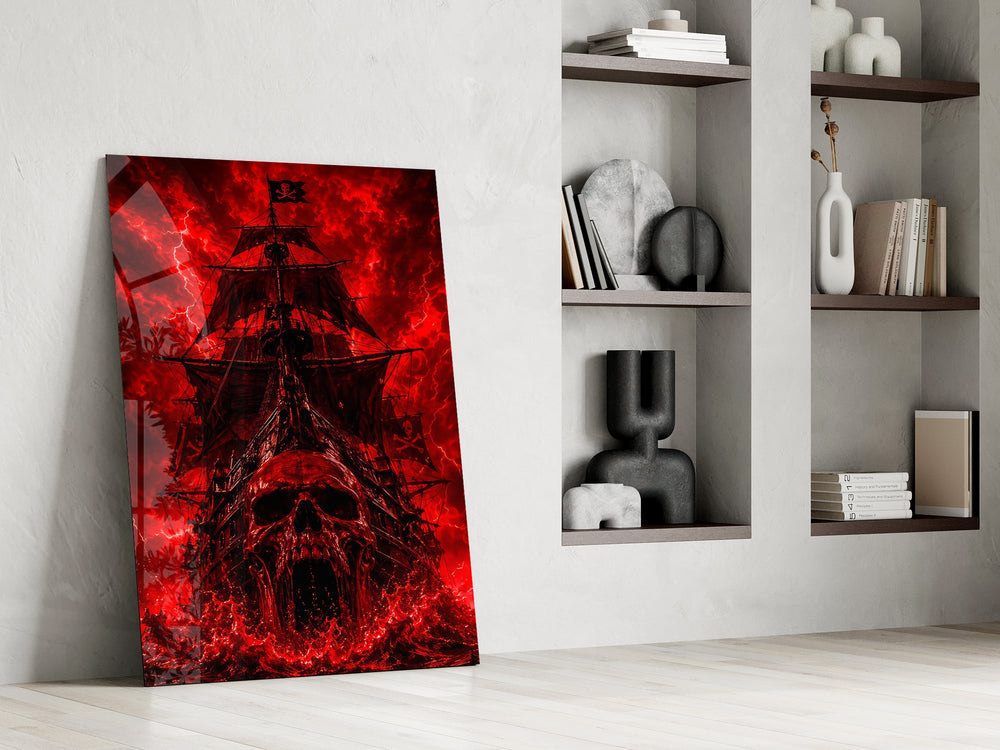 a skull-prowed pirate ship in a crimson storm panel resting in a shelving niche in a modern interior