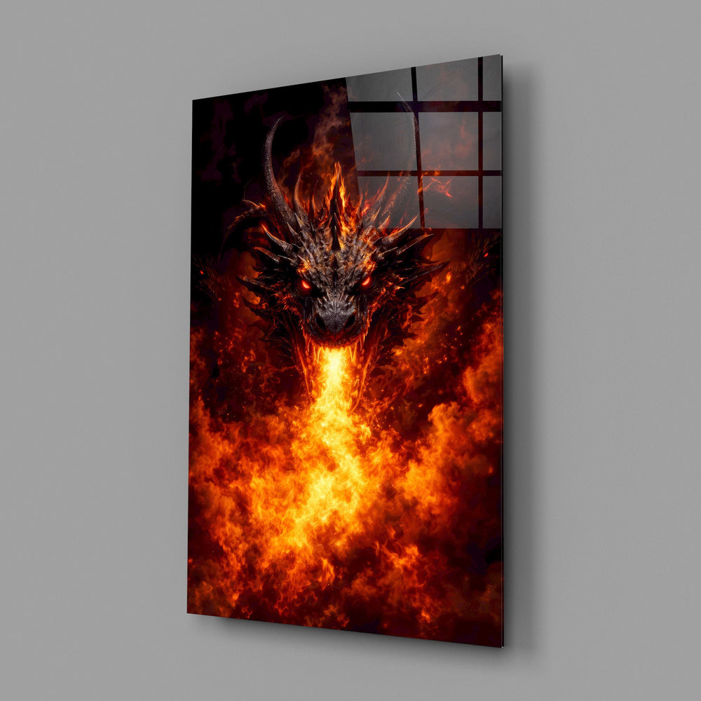 a horned dragon breathing a column of fire glass wall art angled to show the polished tempered glass panel