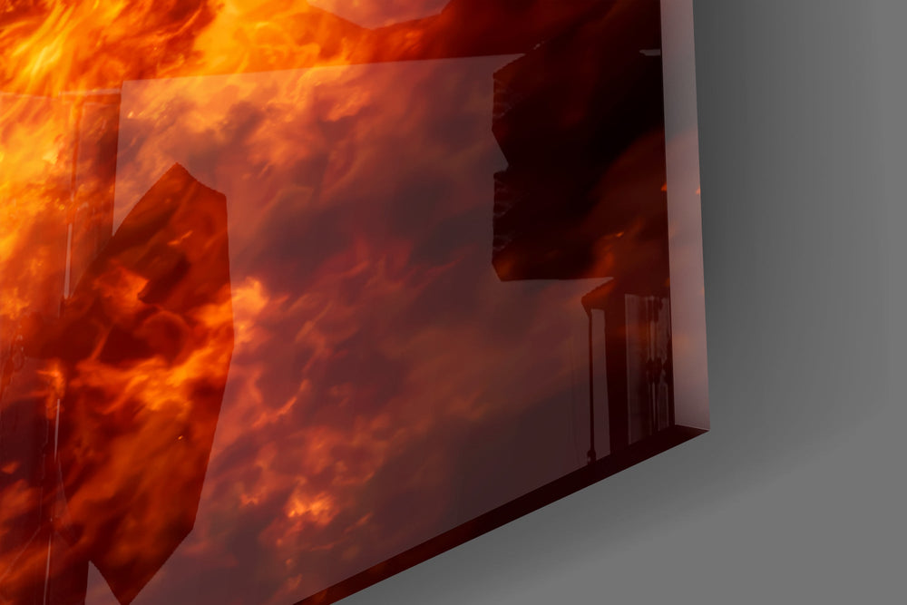 Close-up detail of the scaled brow ridge and the glowing ember eyes on the glass surface