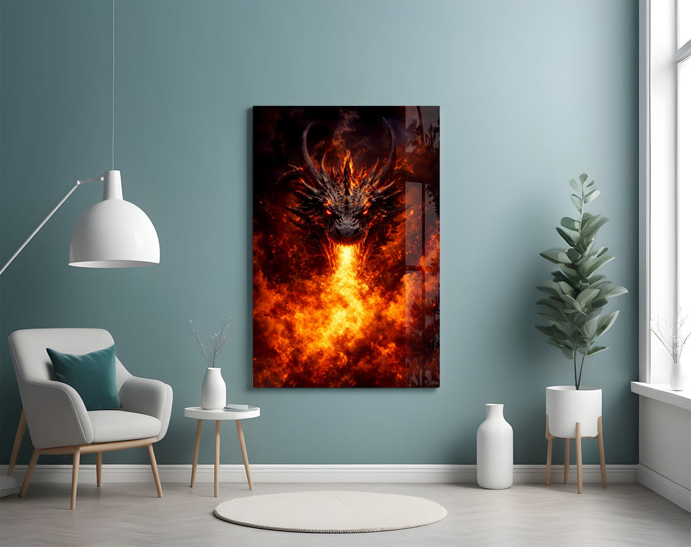 a horned dragon breathing a column of fire glass wall art styled above an armchair in a reading corner