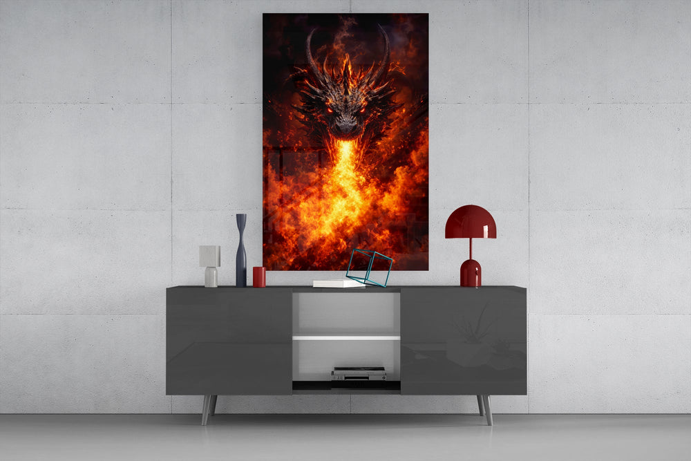 a horned dragon breathing a column of fire glass wall art displayed above a console in a designer interior