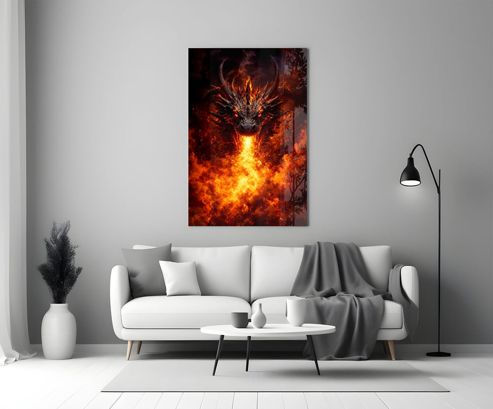 a horned dragon breathing a column of fire panel bringing character to a minimalist living room wall