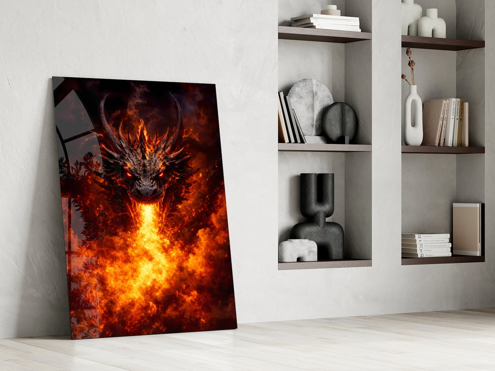 a horned dragon breathing a column of fire panel resting in a shelving niche in a modern interior