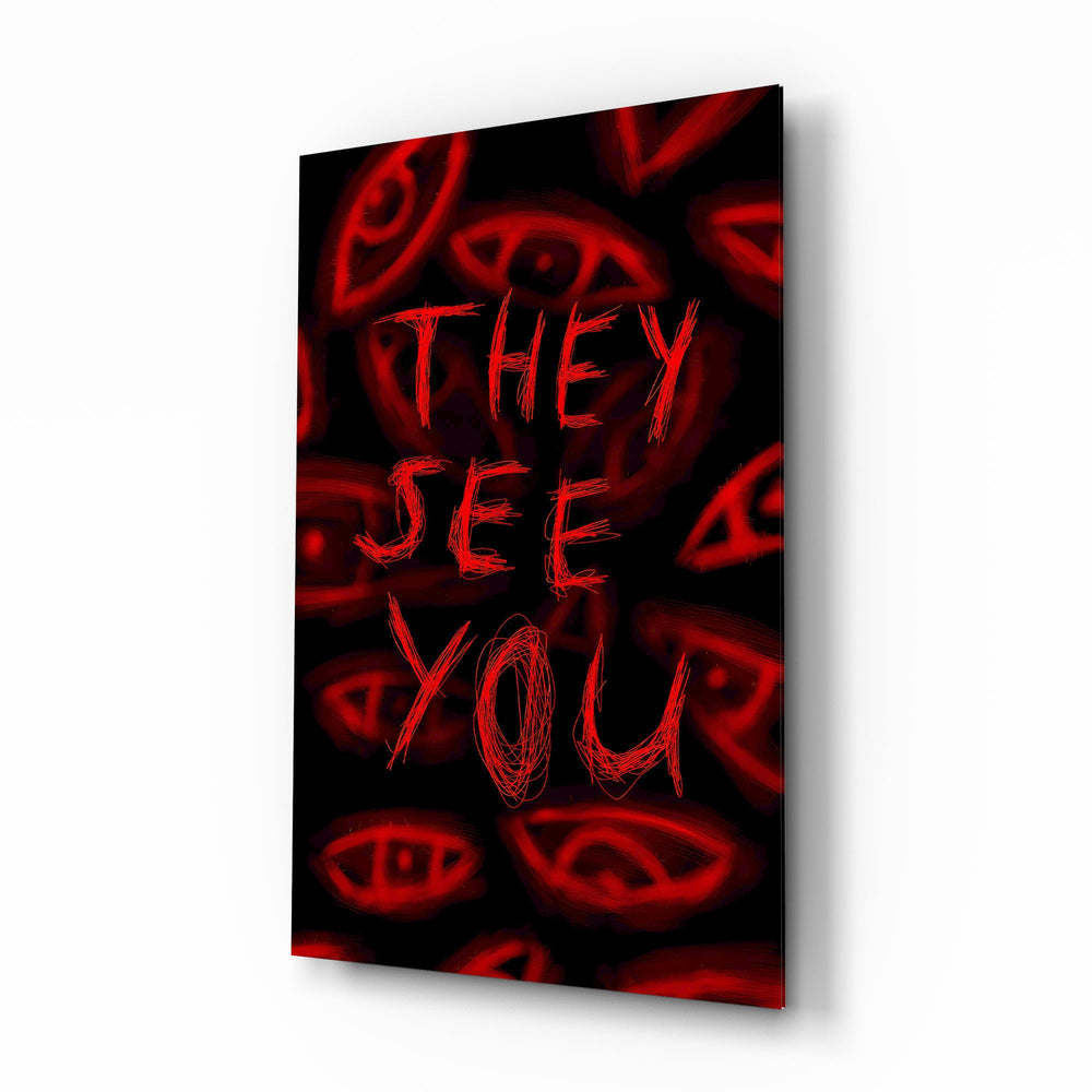 They See You Red Scrawl Eyes Glass Wall Art - Lifestyle preview in a designer interior