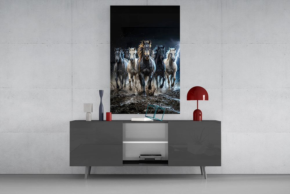 a herd of horses galloping through a storm glass wall art displayed above a console in a designer interior