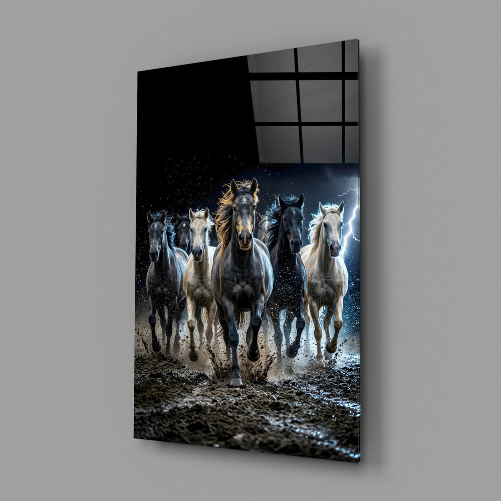 a herd of horses galloping through a storm glass wall art angled to show the polished tempered glass panel