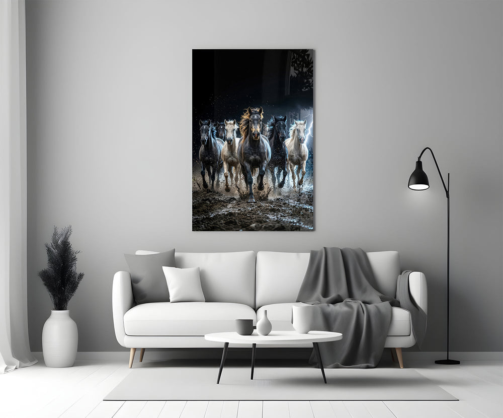 a herd of horses galloping through a storm panel bringing character to a minimalist living room wall