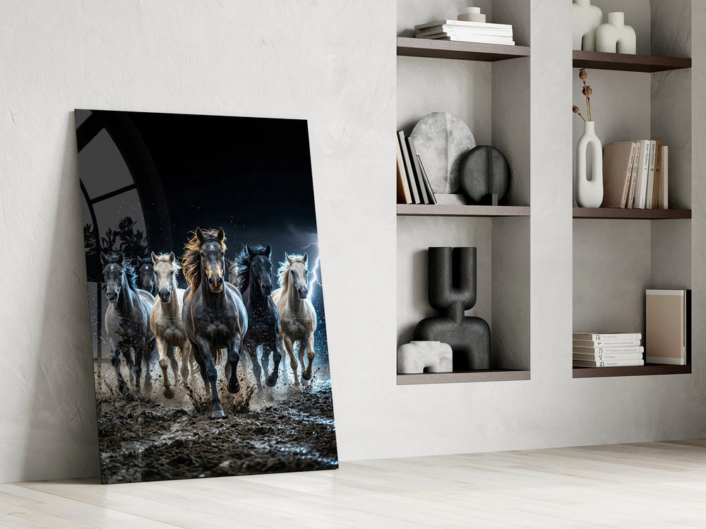 a herd of horses galloping through a storm panel resting in a shelving niche in a modern interior