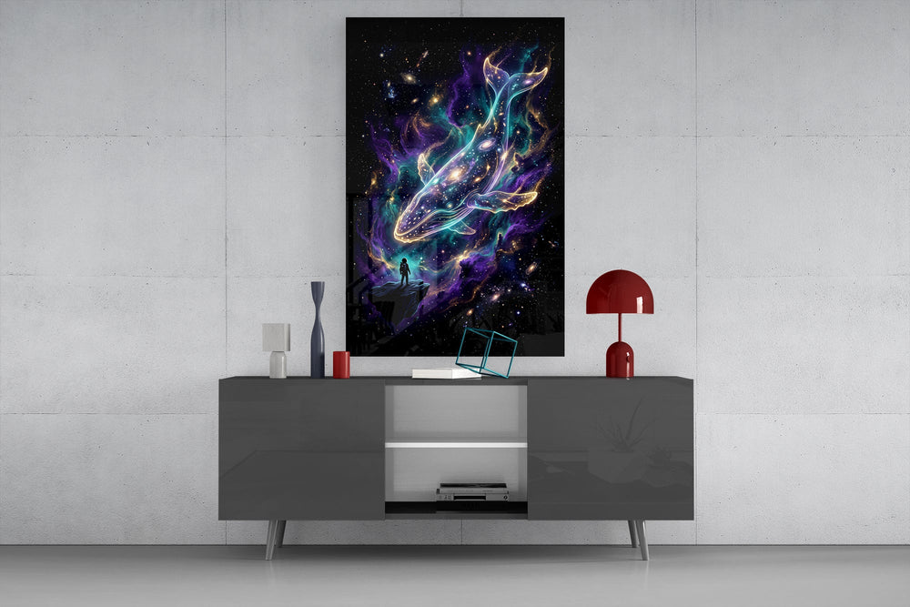 a galaxy-filled whale swimming through a nebula glass wall art displayed above a console in a designer interior