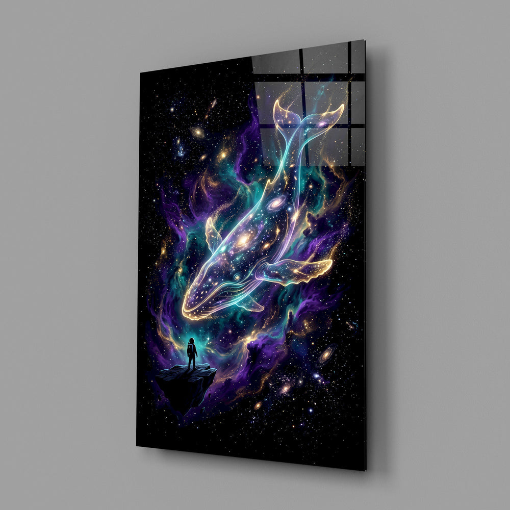 a galaxy-filled whale swimming through a nebula glass wall art angled to show the polished tempered glass panel