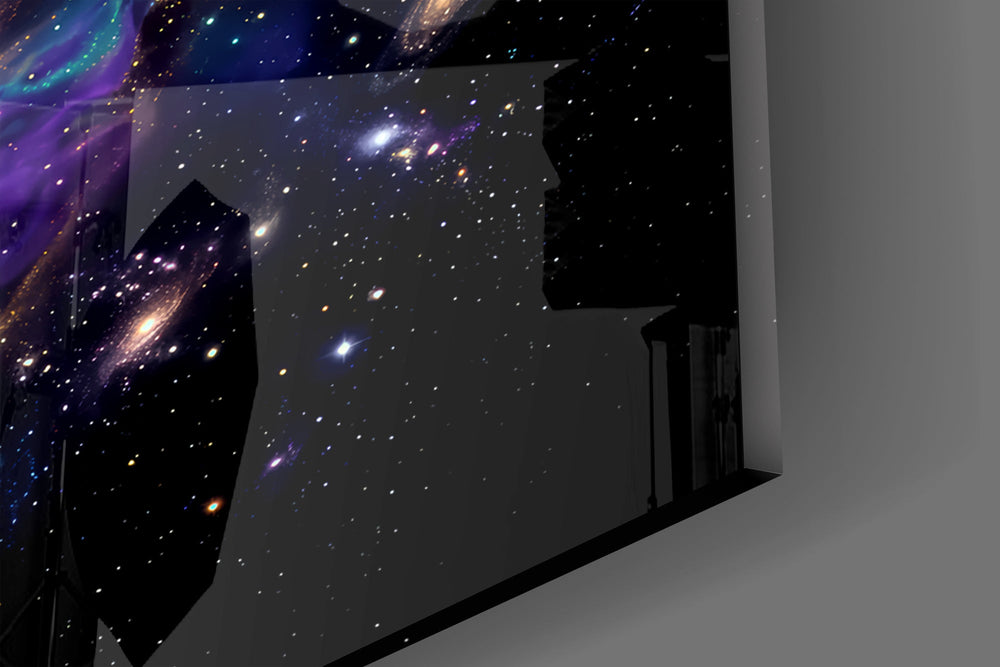 Close-up detail of the spiral galaxy set into the whale's flank and the tiny astronaut below on the glass surface
