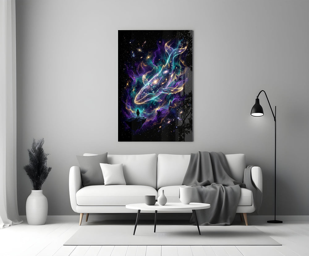 a galaxy-filled whale swimming through a nebula panel bringing character to a minimalist living room wall