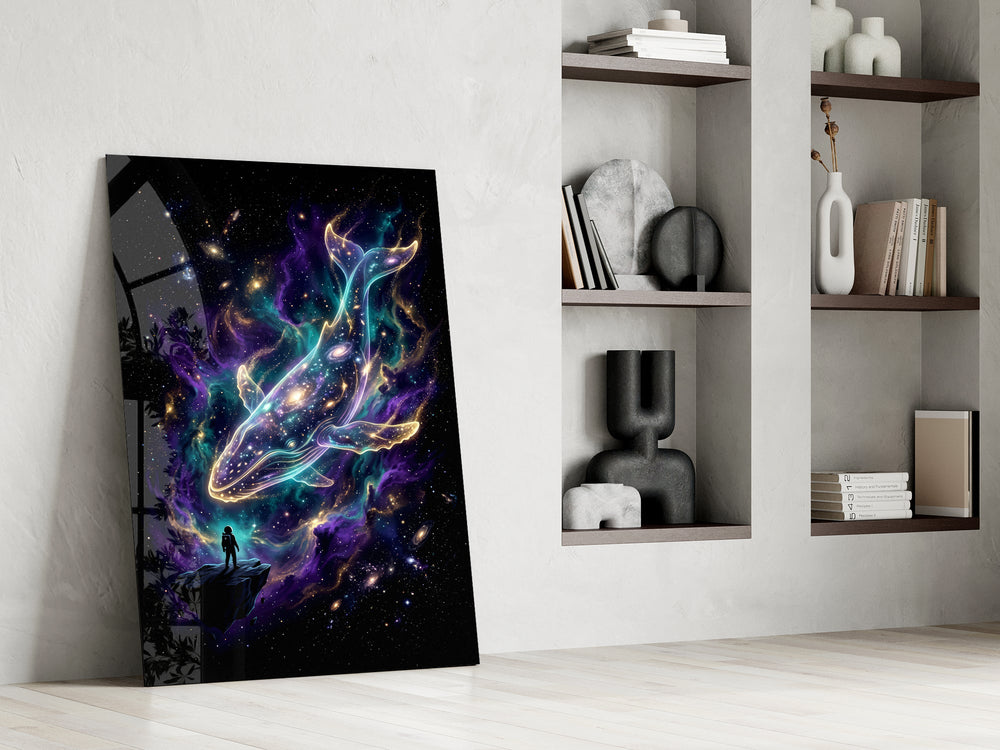 a galaxy-filled whale swimming through a nebula panel resting in a shelving niche in a modern interior