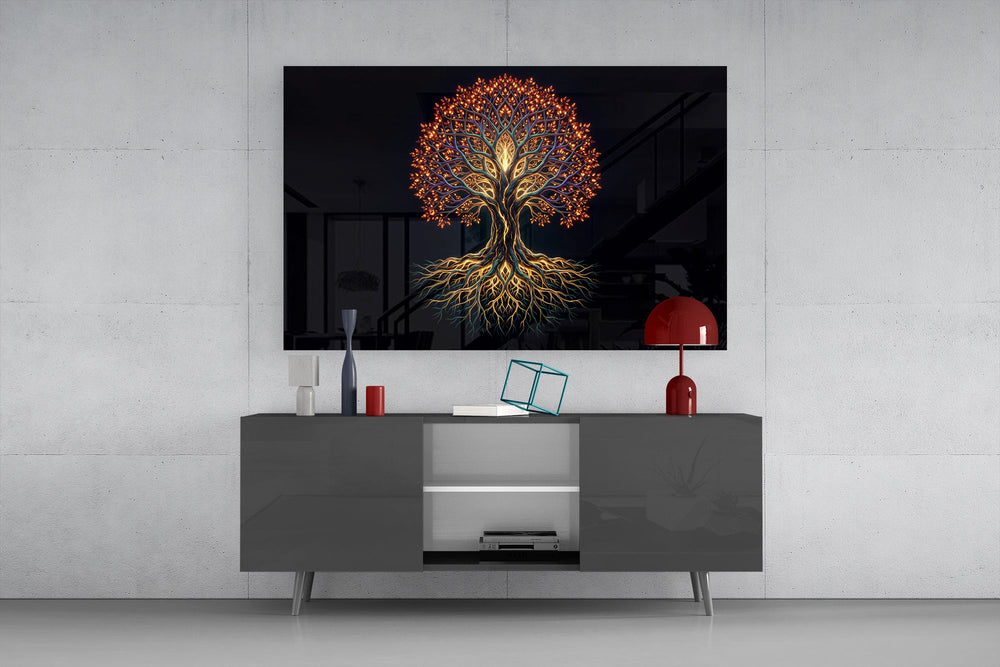 golden tree of life with glowing roots glass wall art displayed above a console in a designer interior