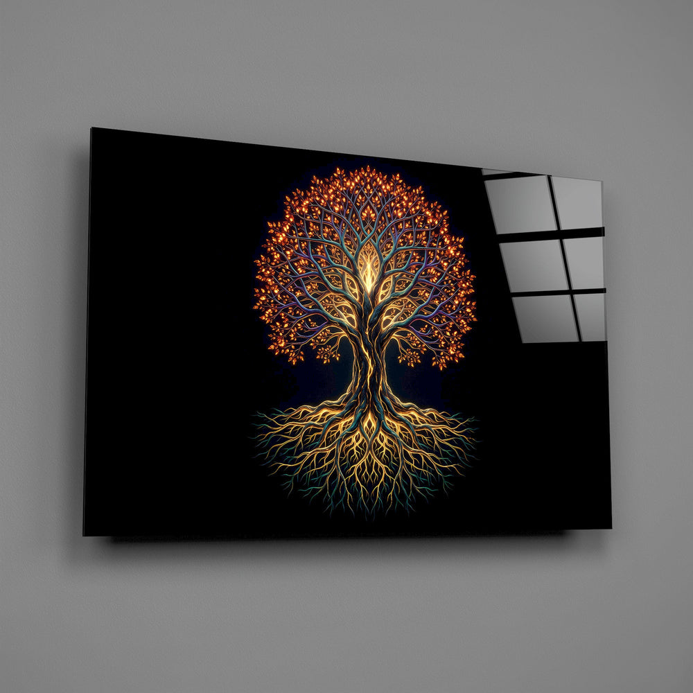 golden tree of life with glowing roots glass wall art angled to show the polished tempered glass panel