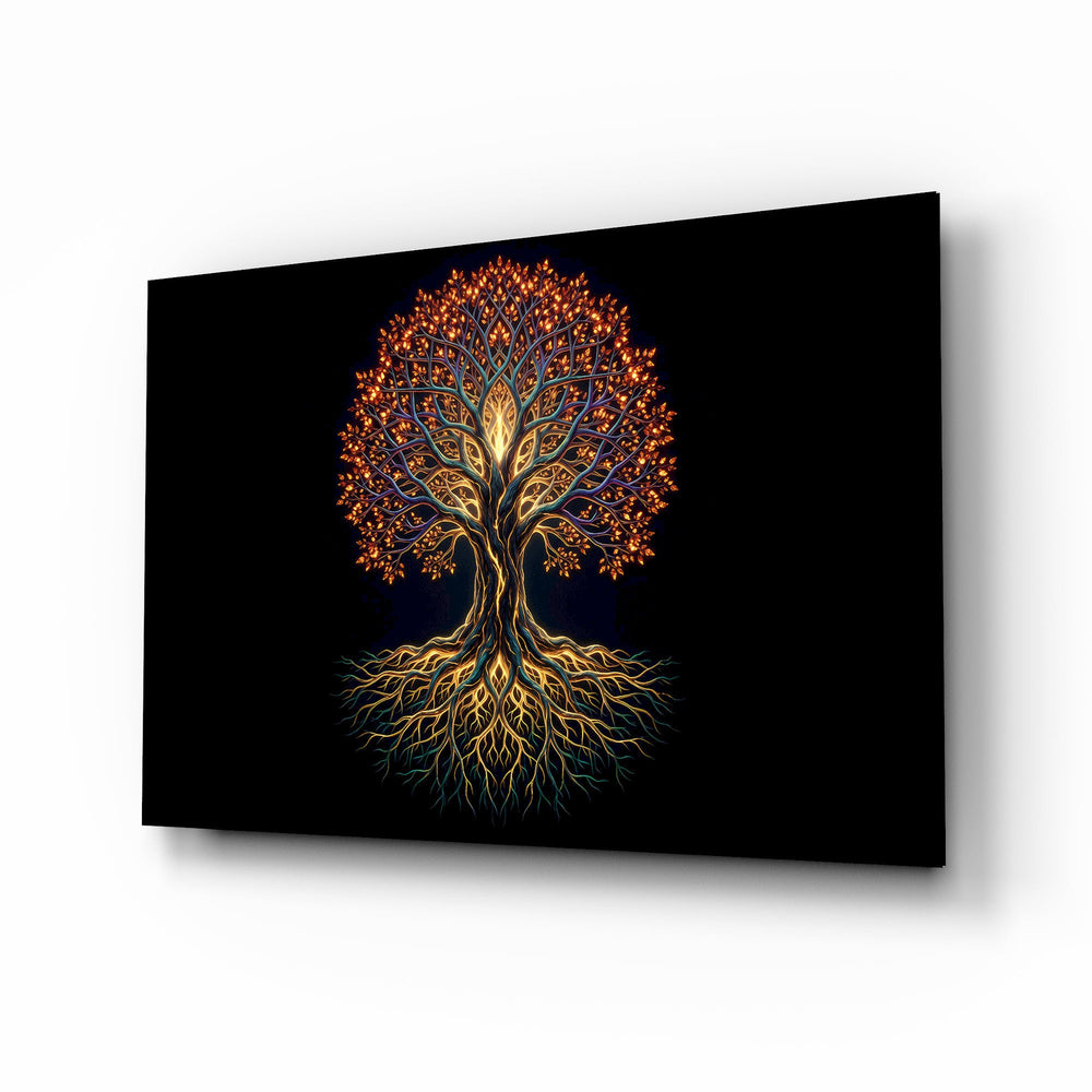 Golden Tree of Life Glowing Roots Glass Wall Art - Lifestyle preview in a designer interior