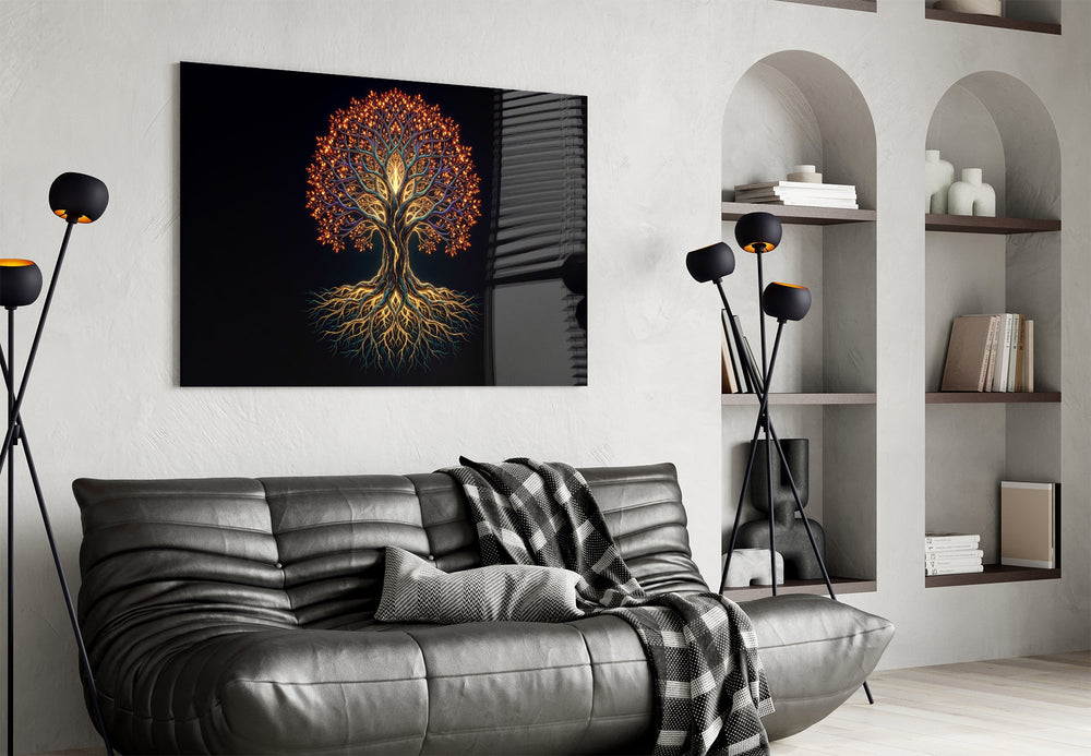 golden tree of life with glowing roots glass wall art styled above an armchair in a reading corner