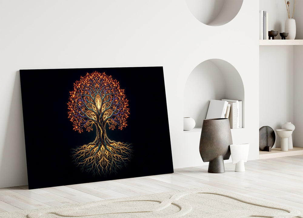 golden tree of life with glowing roots panel bringing character to a minimalist living room wall