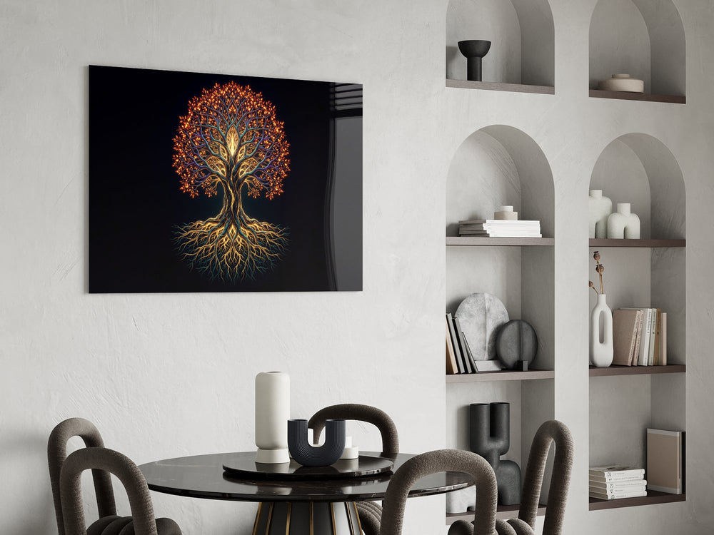 golden tree of life with glowing roots glass wall art leaning beside a dark leather sofa