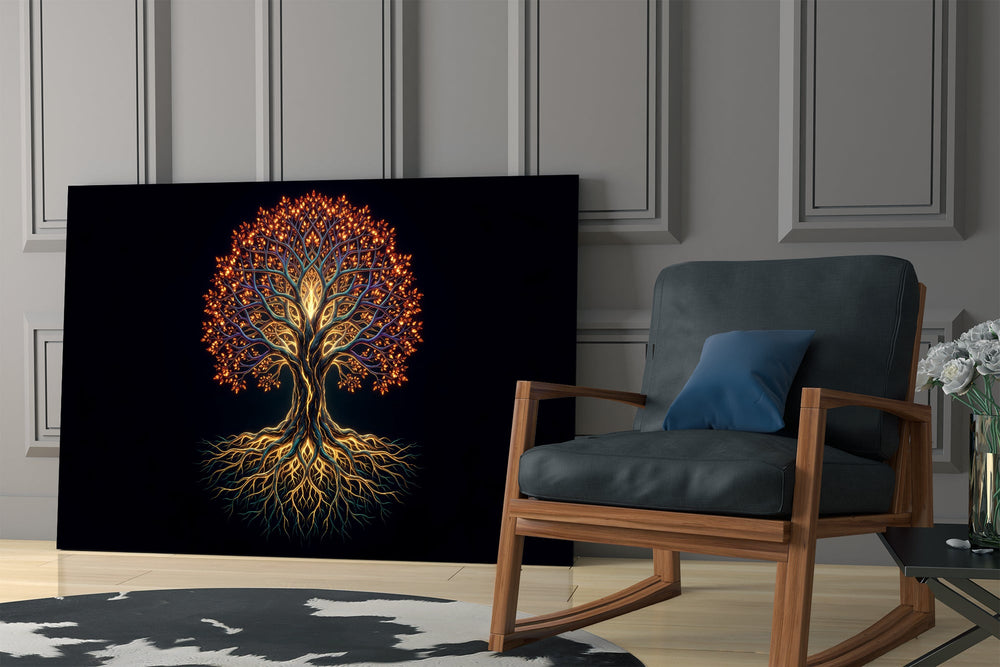 golden tree of life with glowing roots panel resting in a shelving niche in a modern interior