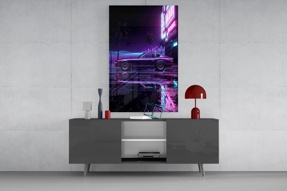 purple fastback coupe under neon palms glass wall art displayed above a console in a designer interior