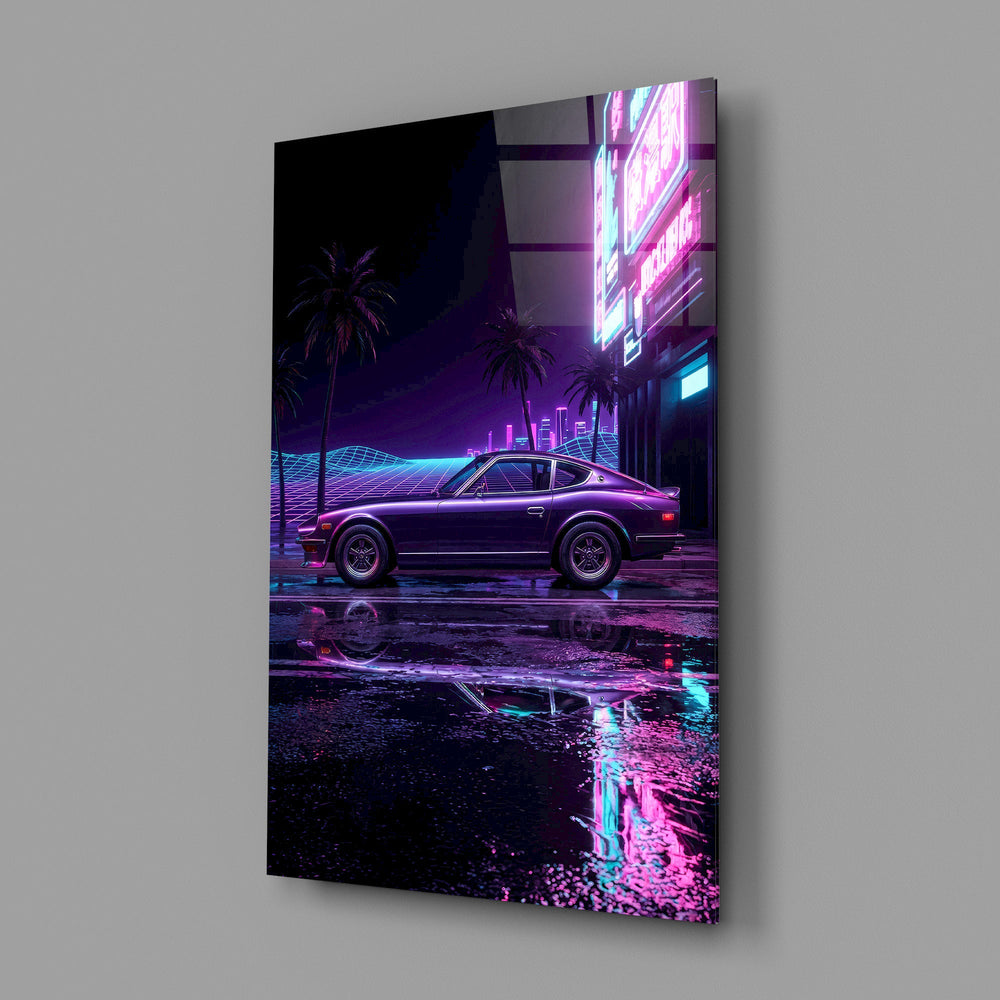 purple fastback coupe under neon palms glass wall art angled to show the polished tempered glass panel