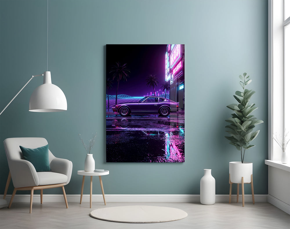 purple fastback coupe under neon palms glass wall art styled above an armchair in a reading corner