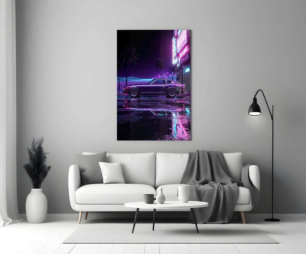 purple fastback coupe under neon palms panel bringing character to a minimalist living room wall