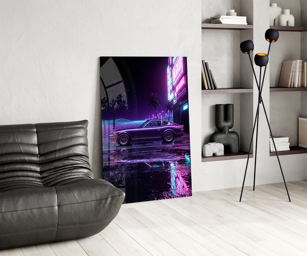 purple fastback coupe under neon palms glass wall art leaning beside a dark leather sofa