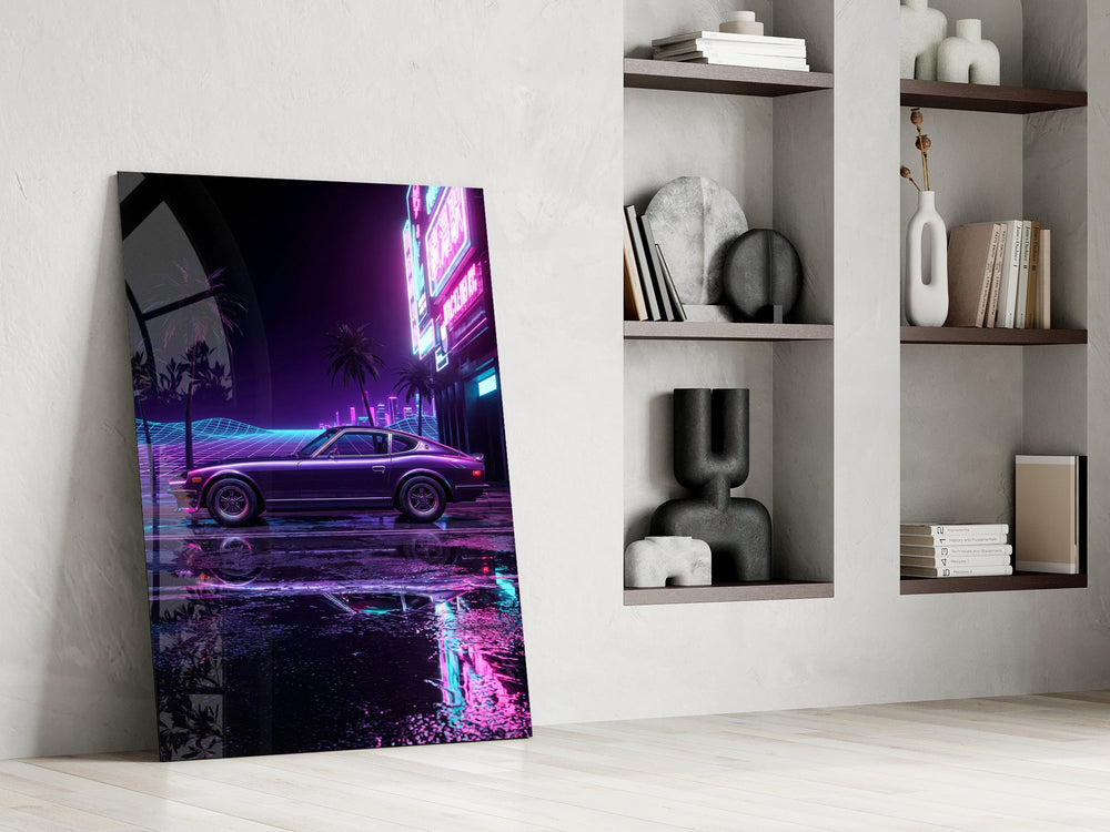 purple fastback coupe under neon palms panel resting in a shelving niche in a modern interior