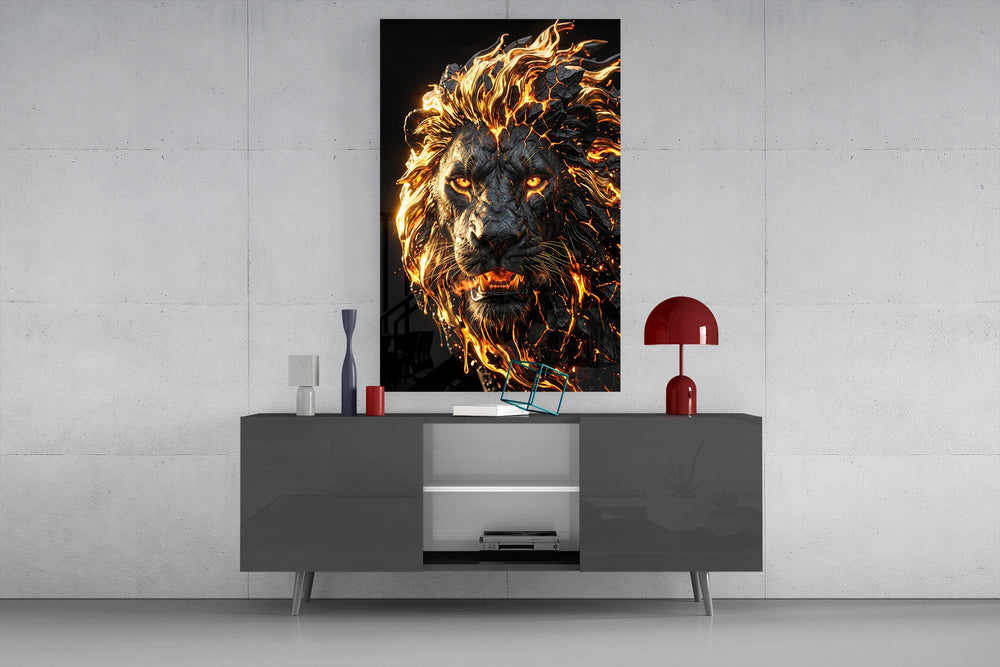 a roaring lion with a molten lava mane glass wall art displayed above a console in a designer interior