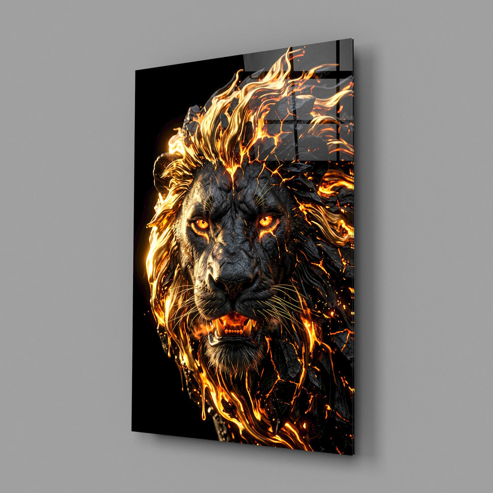 a roaring lion with a molten lava mane glass wall art angled to show the polished tempered glass panel