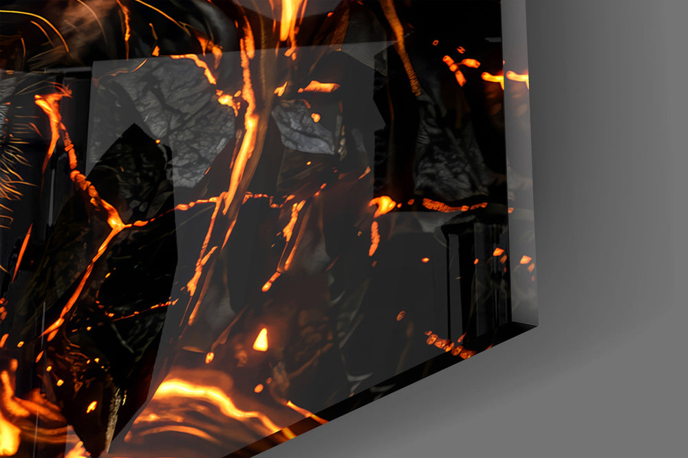 Close-up detail of the cracked obsidian hide and burning amber eyes on the glass surface