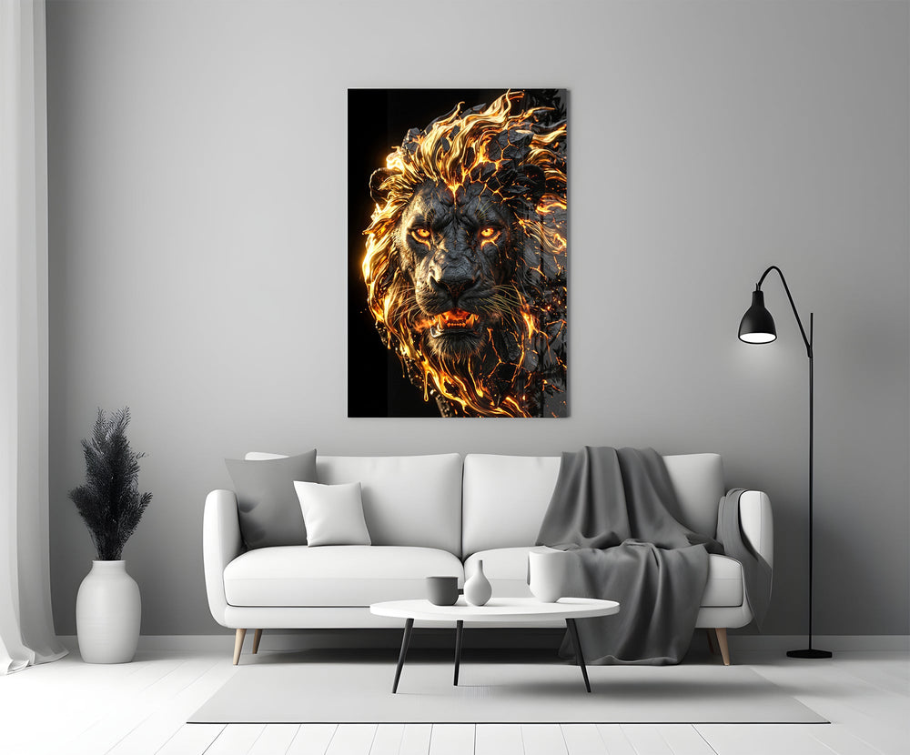 a roaring lion with a molten lava mane panel bringing character to a minimalist living room wall