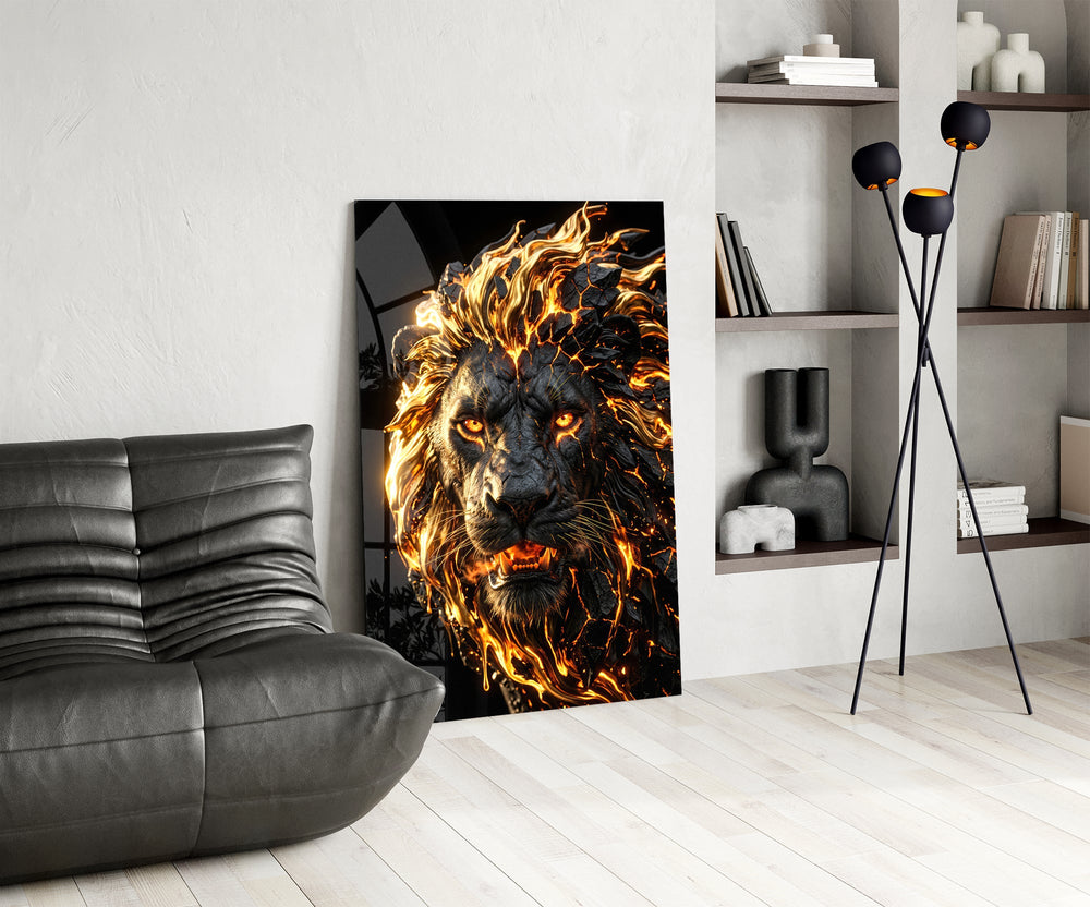 a roaring lion with a molten lava mane glass wall art leaning beside a dark leather sofa