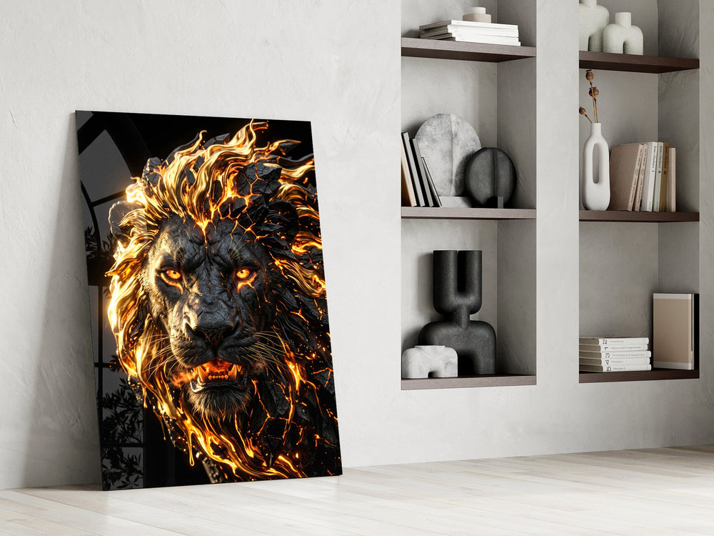 a roaring lion with a molten lava mane panel resting in a shelving niche in a modern interior