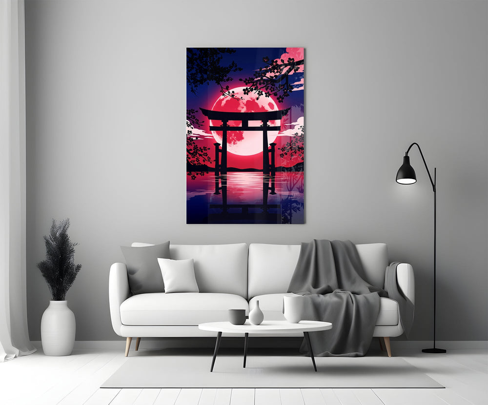 a torii gate before a crimson moon panel bringing character to a minimalist living room wall
