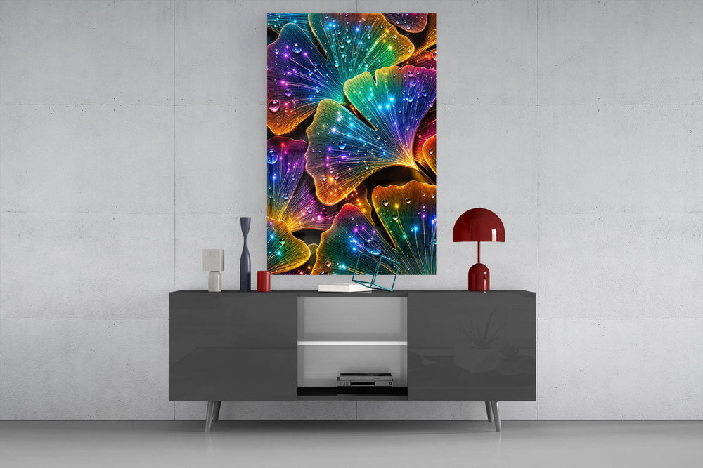 rainbow neon ginkgo leaves with dewdrops glass wall art displayed above a console in a designer interior