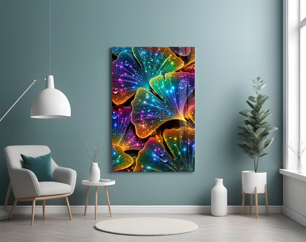 rainbow neon ginkgo leaves with dewdrops glass wall art styled above an armchair in a reading corner
