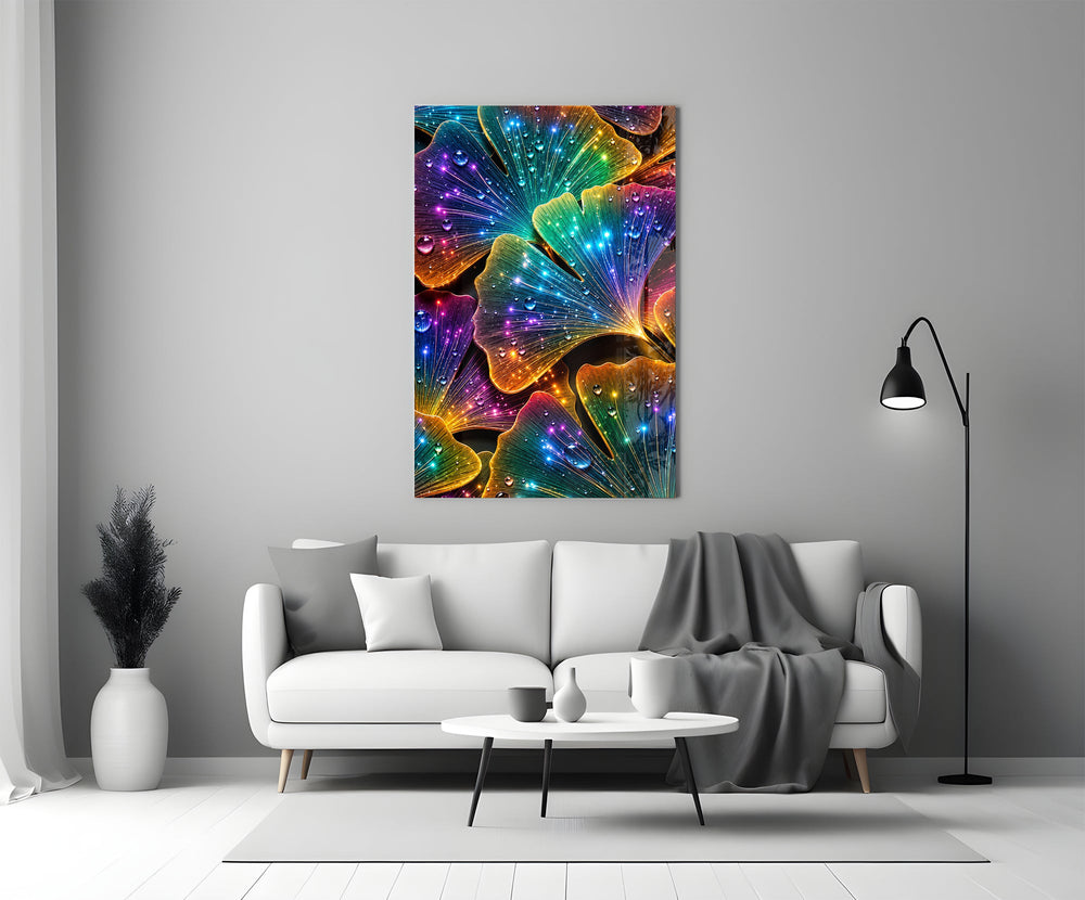 rainbow neon ginkgo leaves with dewdrops panel bringing character to a minimalist living room wall