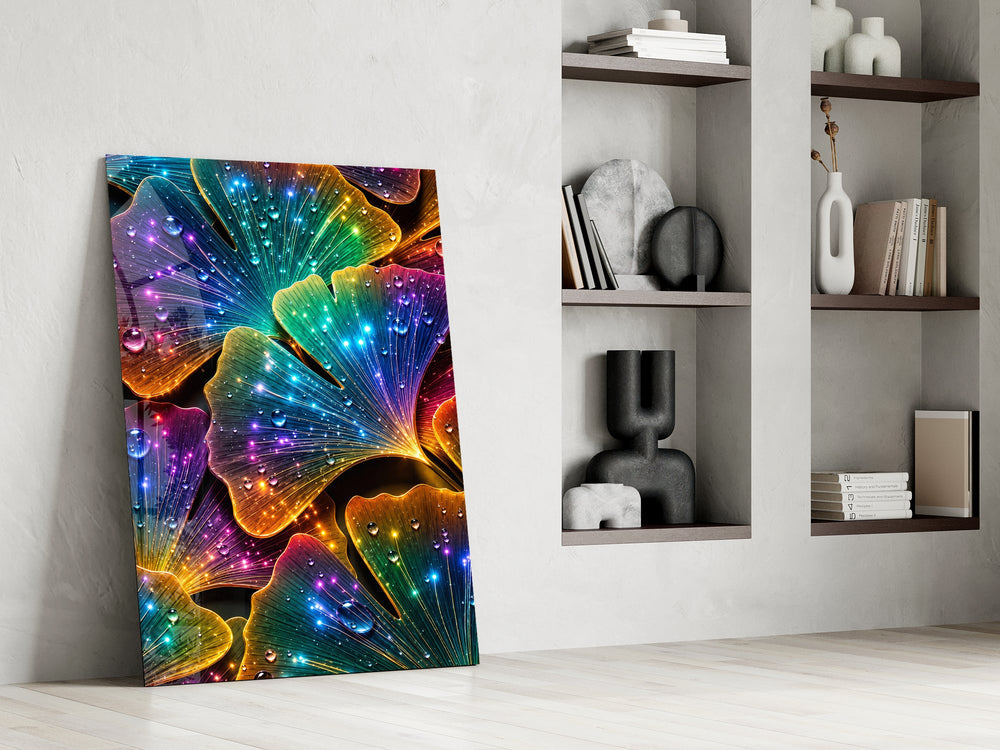 rainbow neon ginkgo leaves with dewdrops panel resting in a shelving niche in a modern interior