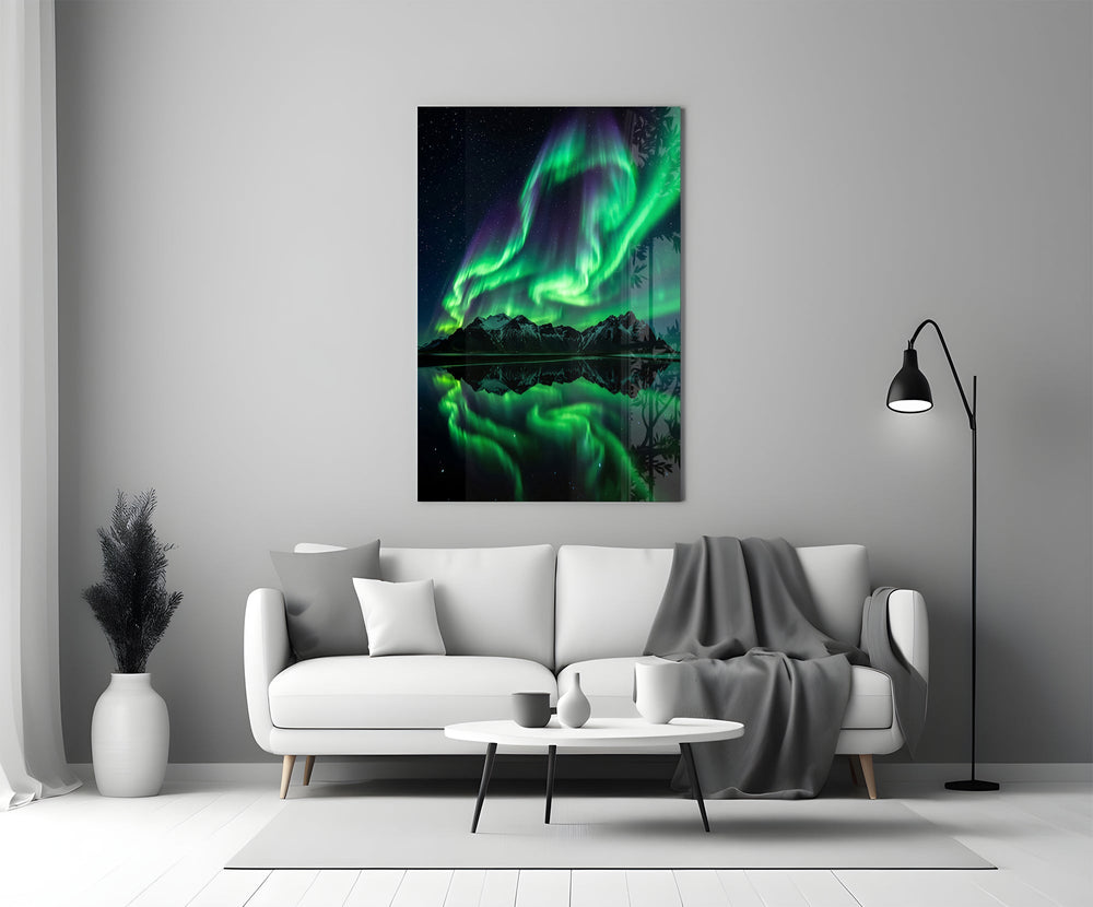 a green aurora over mirrored peaks panel bringing character to a minimalist living room wall