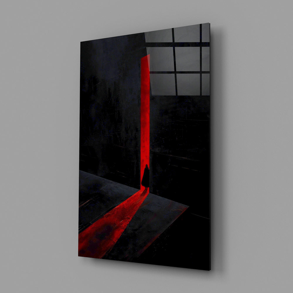 a cloaked figure at a red doorway glass wall art angled to show the polished tempered glass panel