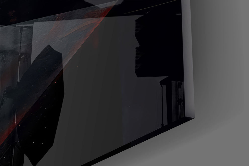 Close-up detail of the crimson shaft of light spilling across the floor on the glass surface