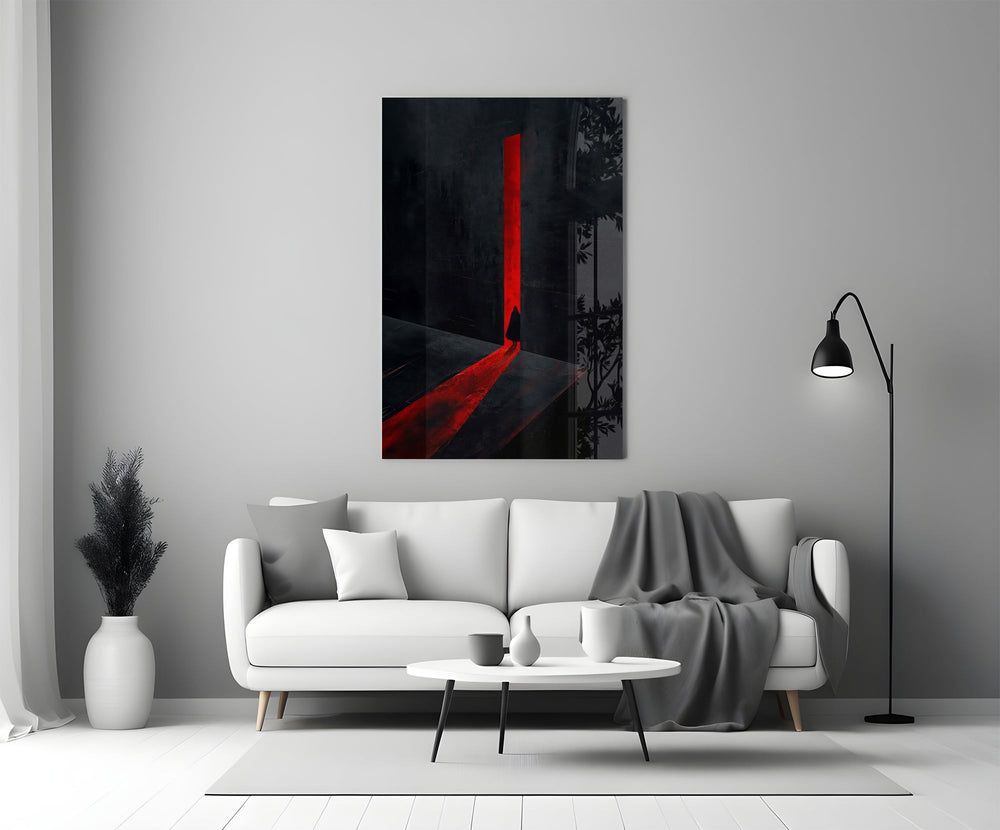 a cloaked figure at a red doorway panel bringing character to a minimalist living room wall