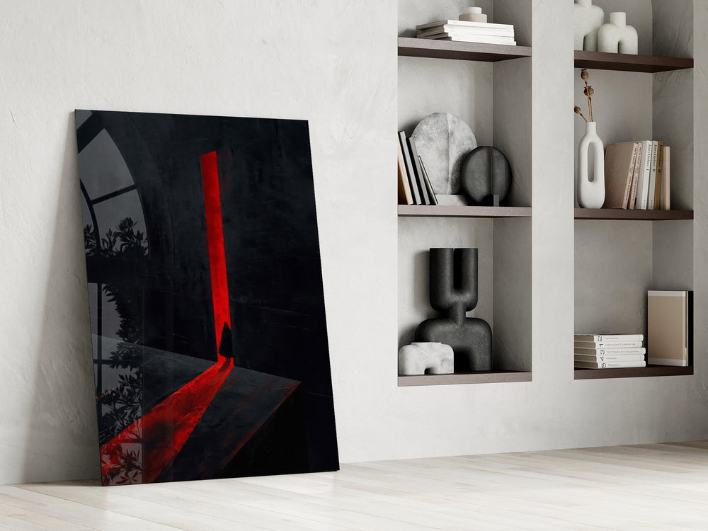 a cloaked figure at a red doorway panel resting in a shelving niche in a modern interior