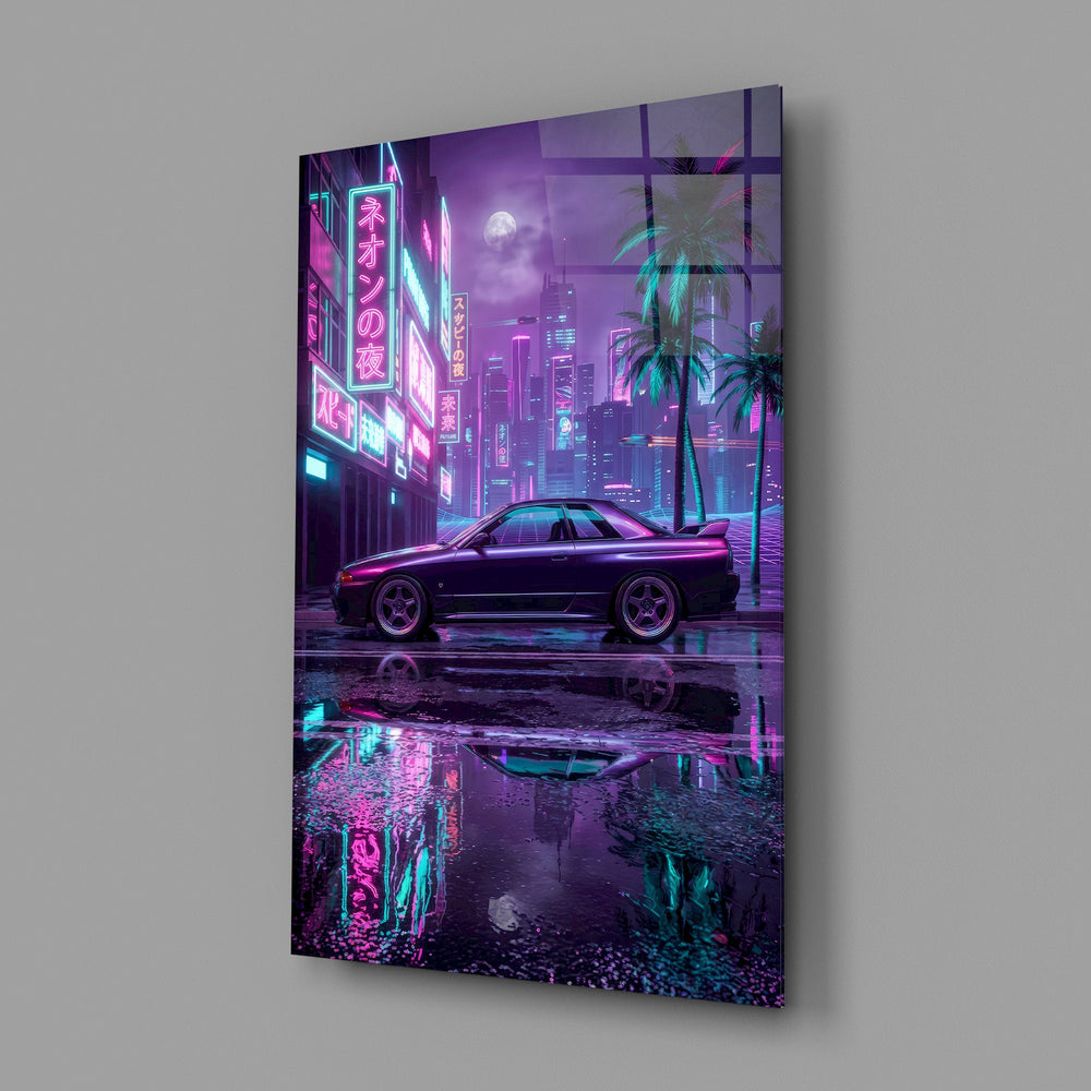 a purple sports coupe on a neon street glass wall art angled to show the polished tempered glass panel
