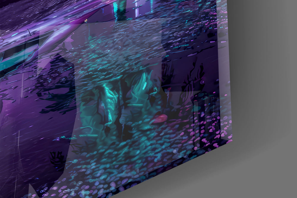 Close-up detail of the glowing signboards mirrored in the rain puddles on the glass surface