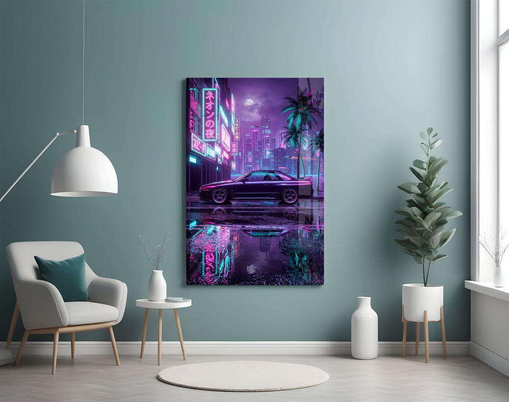 a purple sports coupe on a neon street glass wall art styled above an armchair in a reading corner
